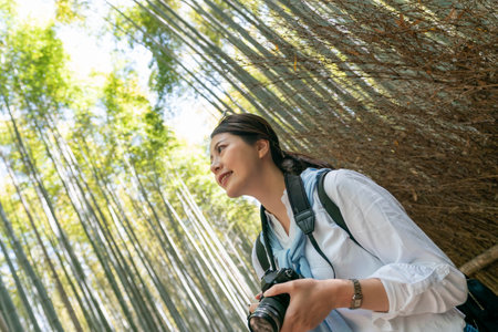 dutch angle shot of happy asian Japanese woman tourist looking up at towering bamboos while visiting Arashiyama Bamboo Grove in Kyoto japan on a sunny dayの写真素材