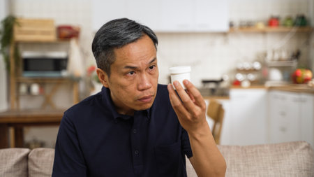 closeup of asian Japanese elderly male with presbyopia holding and looking at a pill container with confusion. He squints his eyes problem trying to see the instruction on bottle clearlyの写真素材