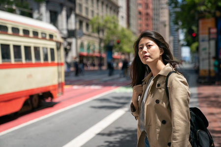 asian Korean businesswoman looking into distance while waiting for bus on her way to work in the morning at bus stop in san Francisco California usaの写真素材