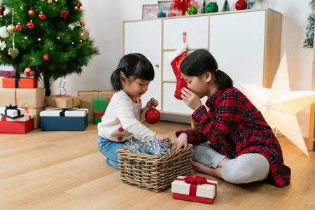 asian young sibling sisters looking into the basket with Christmas decoration while playing together in a festive living room at homeの写真素材