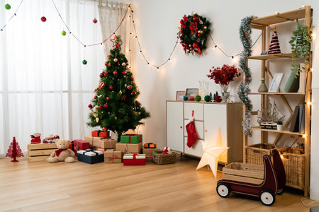Interior of beautiful decorated living room with window and daylight. ready for celebrating Christmas and new yearの写真素材