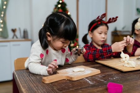 closeup of an adorable asian baby girl having fun carving her dough with a mold while making ginger cookies for Christmas at table with her sisterの写真素材