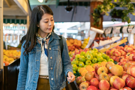 Portrait of a smiling attractive young woman buyer in the supermarket looking around fresh apples while buying fruitsの写真素材