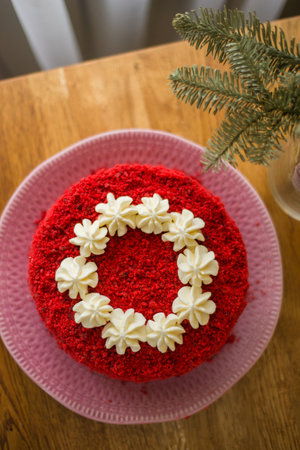 Cake Red Velvet. Appetizing biscuit cakes and white creamの写真素材