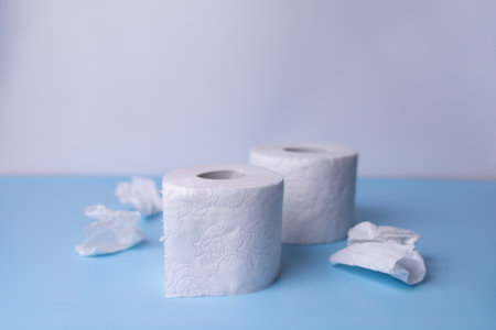 toilet paper roll. soft tissue paper. Large details of one clean roll of toilet paper lie on a gray...