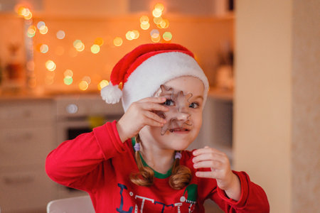 A cute little girl in a Christmas cap make gingerbread cookies in the New Years kitchen.の写真素材
