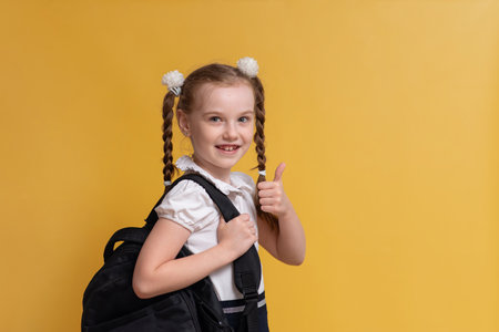 A cheerful girl is ready to go back to school, education and teaching childrenの写真素材