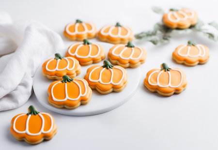 Homemade pumpkin-shaped cookies, a Halloween treat. AIの素材