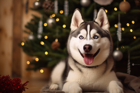 Huskies against the background of the Christmas treeの素材