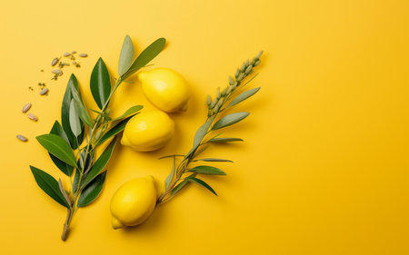 Sukkot symbols: palm tree, willow, myrtle, lemon on a yellow backgroundの素材