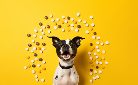 Medication tablets on yellow background with cute dog. Concept of health care, veterinary medicines of petsの素材