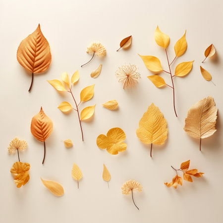 Autumn dry leaves lay on top of a beige backgroundの素材