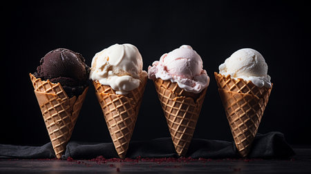 Waffle with ice cream balls on dark background with space for textの素材
