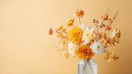 Autumn romantic bouquet on pastel background with space for textの素材