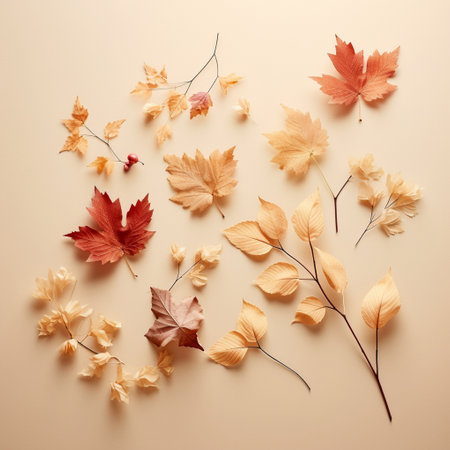 Autumn dry leaves lay on top of a beige backgroundの素材