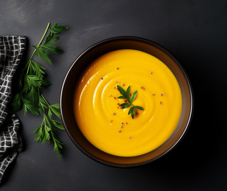 Flat lay out pumpkin soup on a black background with creamの素材