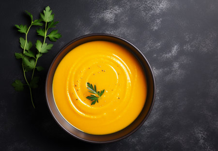 Pumpkin orange puree soup in a bowl on a dark background, minimalistic photo. Autumn dish of seasonal vegetables