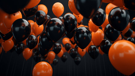 Black and orange balloons on a black background, banner for Halloween, a place for textの素材