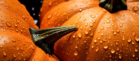 Pumpkin harvesting, banner with pumpkins and water dropsの素材