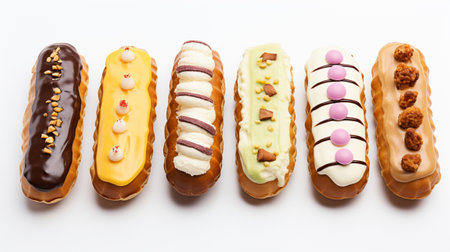 Assorted eclairs with cream and parcel on a white backgroundの素材
