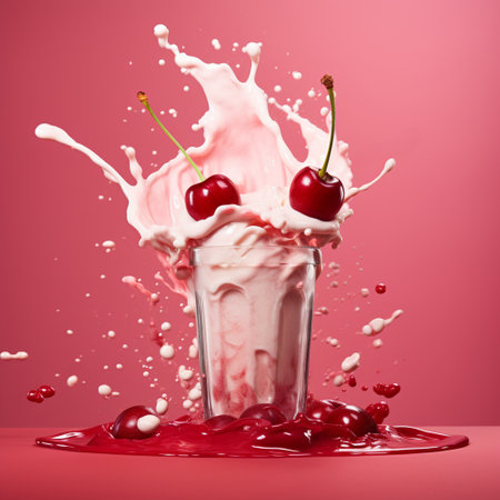 Cherry milkshake in a glass glass with sprinkles and berries on a pink backgroundの素材