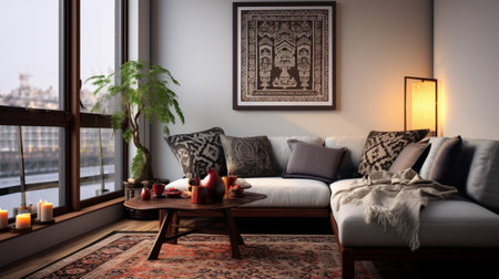 Living room design with oriental touches, sofa and carpetsの素材