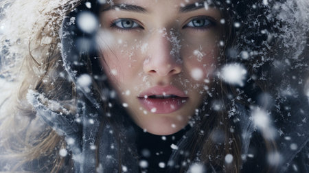 Beautiful winter portrait of a girl with flying snowflakesの素材