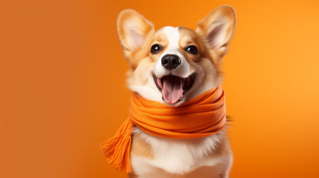 Corgi dog with orange scarf on orange backgroundの素材