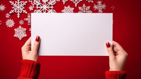 female hands holding a white sheet, layout for wishes and congratulations on a New Year red backgroundの素材