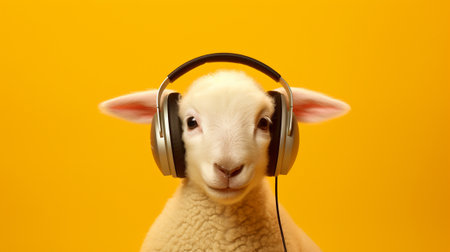 Funny sheep in headphones listening to a podcast or music on a yellow backgroundの素材