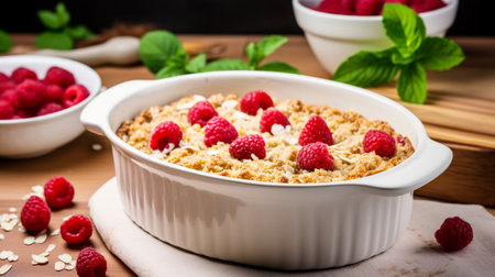 Baked Oats with raspberries in white ceramic moldの素材