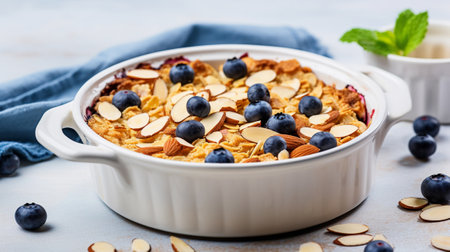 Baked Oats oatmeal with blueberries in ceramic moldの素材