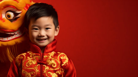 Little Asian boy in red dragon costume on red background with space for textの素材
