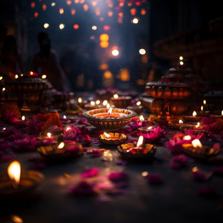 Close up image of lit diwali candles, colorful, Hindu festival of lights celebrationの素材