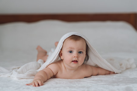 A cute five-month-old baby in the bedroomの写真素材