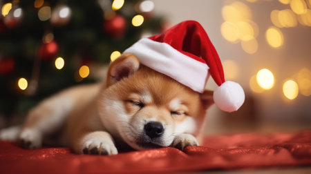 Shiba Inu puppy in a Santa hat sleeping under the Christmas treeの素材