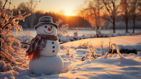 Cute New Years snowman in the snowの素材