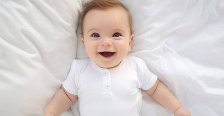 Portrait of a satisfied happy baby on a white bedの素材