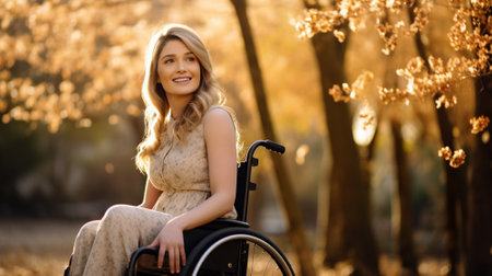 beautiful young disabled girl in a wheelchair sitting in a park in the fallの素材