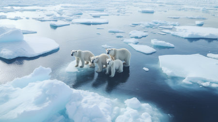Polar bears walk on melting Arctic sea ice. Warming temperatures are gradually melting glaciers as the climate warms globallyの素材