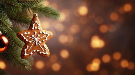 gingerbread hanging on the Christmas tree, space for the textの素材