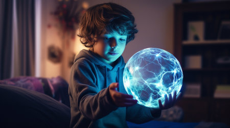 a little boy holding a plasma ball with purple and pink lights.の素材