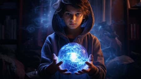 a little boy holding a plasma ball with purple and pink lights.の素材