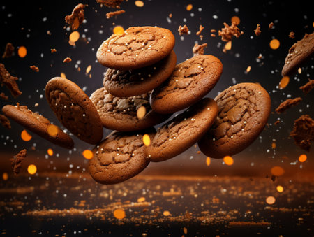 Flying ginger biscuits on a dark background with chocolate and milk sprinklesの素材