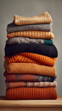 A stack of warm cozy knit sweaters for the whole family for fall picnicsの素材