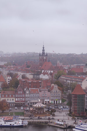 An aerial view of the embankment of the Old Town by the Motlawa River in Gdansk, Poland.