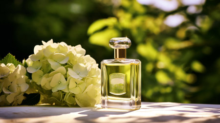 glass bottle with perfume on the background of blooming garden and greeneryの素材