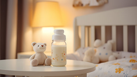 baby food, milk or formula for the baby against the background of a cozy baby room. High quality photoの素材