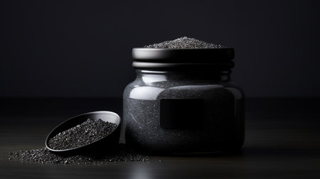black crystalline lava salt on a dark background in a glass jar. High quality photoの素材