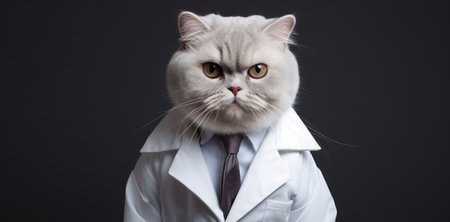A fluffy cat in a white medical coat on gray. The concept of veterinary and public health care. High quality photoの素材